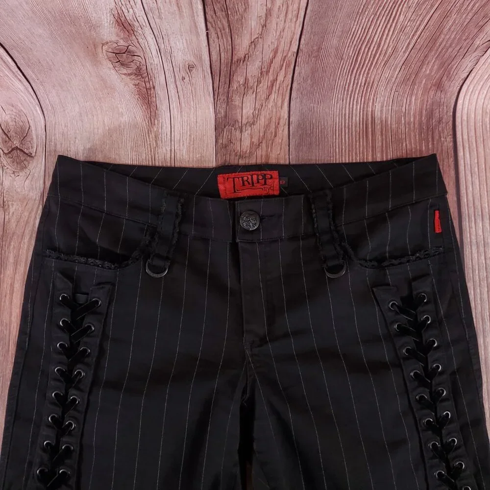 Vtg Tripp NYC Sz 13 Striper Black Tone Boot Cut Pants Pinstripe Goth Punk Y2K - Picture 3 of 15